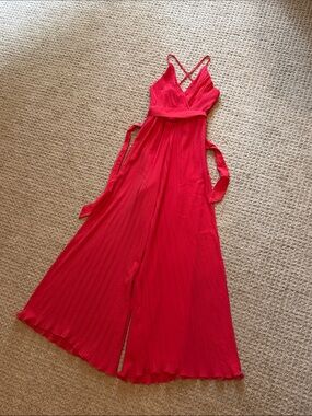 Red Pleated Wide-Leg Jumpsuit